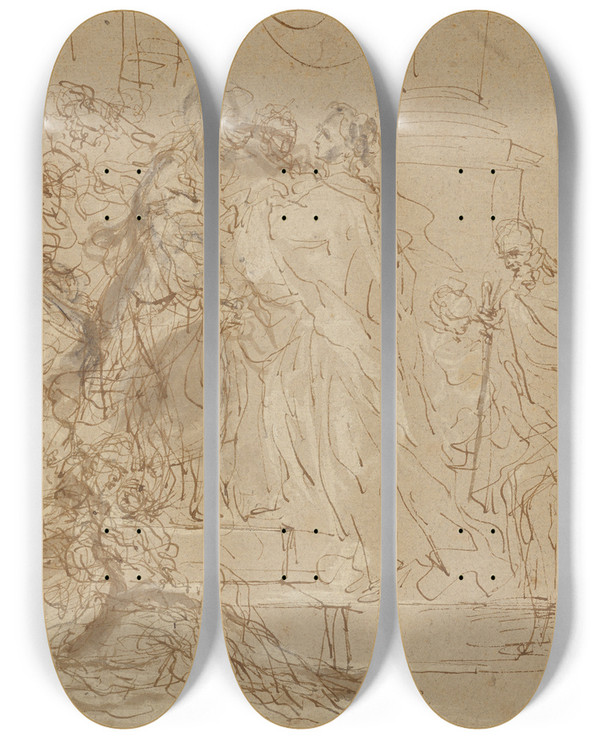 Triptych art skateboard deck of Juan Carreo De Miranda The Visitation by Juan Carreo de Miranda (1614-1685)