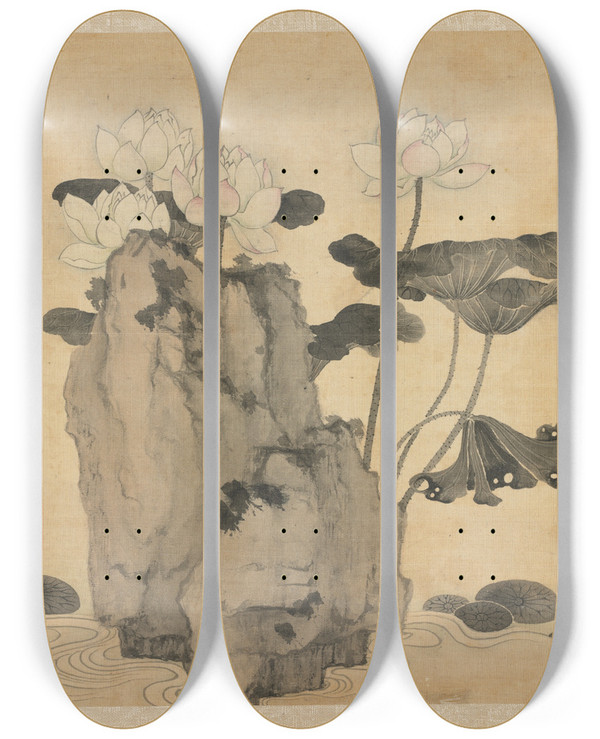 Triptych art skateboard deck of Chen Hongshou Lotus And Rocks by Chen Hongshou (1598-1652)