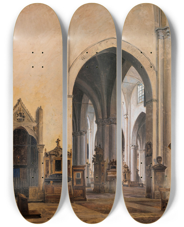 Triptych art skateboard deck of Constantin Hansen The Interior Of S Maria Sopra Minerva In Rome by Constantin Hansen (1804-1880)