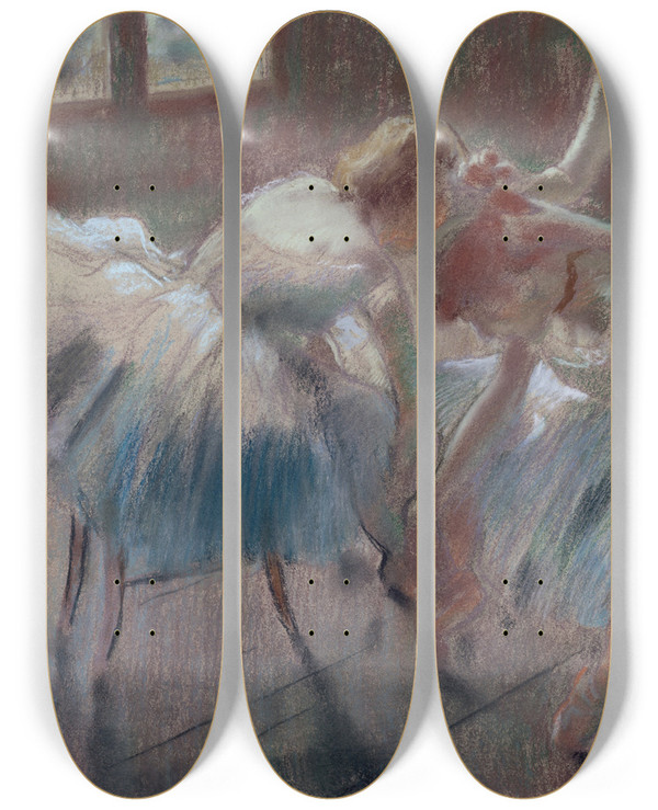 Triptych art skateboard deck of Edgar Degas Three Dancers Preparing For Class by Edgar Degas (1834-1917)