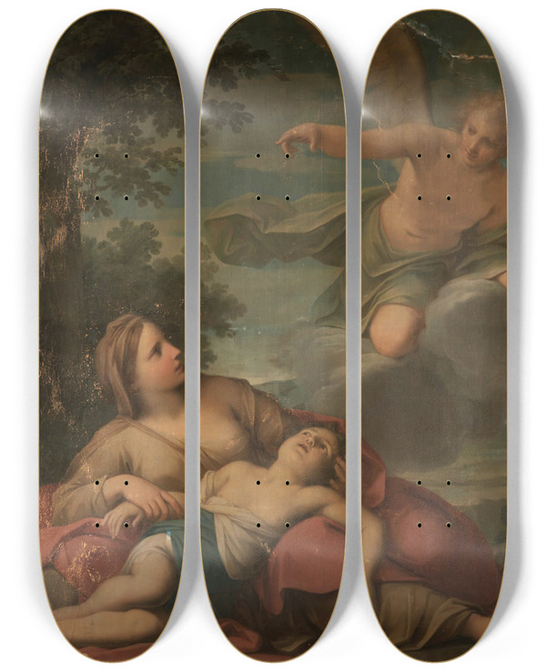 Triptych art skateboard deck of Marcantonio Franceschini Hagar And The Angel by Marcantonio Franceschini (1648-1729)