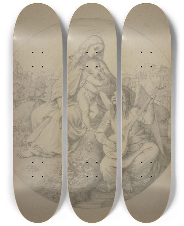 Triptych art skateboard deck of Eduard Von Steinle Madonna Mit Musizierendem Engel Madonna Del Campidoglio by Eduard Von Steinle (1810-1886)