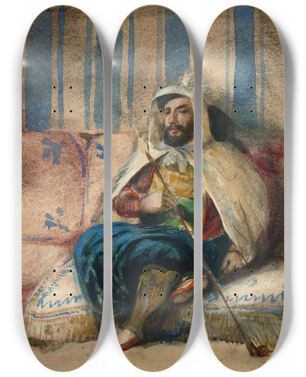 Triptych art skateboard deck of Eugne Delacroix A Man In Oriental Costume Smoking On A Sofa by Eugene Delacroix (1798-1863)