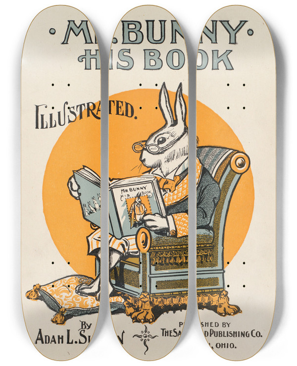 Triptych art skateboard deck of W H Fry Mr Bunny His Book By Adam L Sutton_1 by W H Fry (1883-1962)