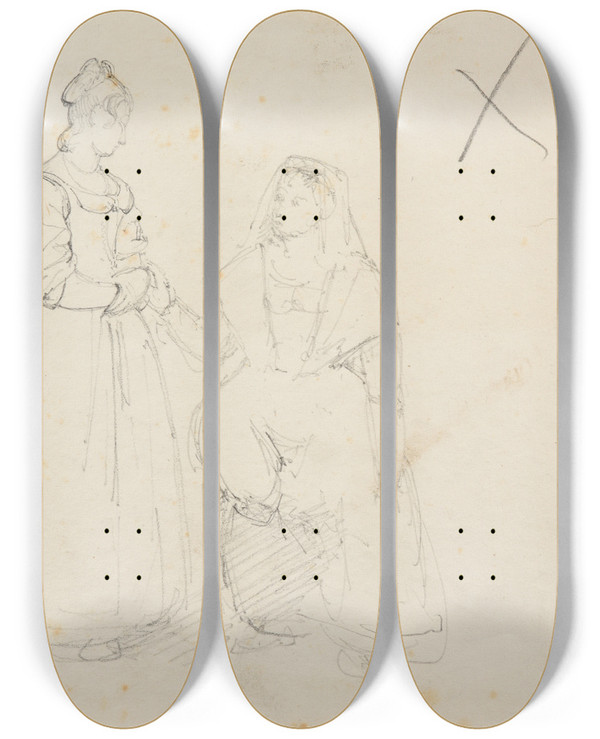Triptych art skateboard deck of Jacquesraymond Brascassat Deux Tudes De Femmes by Jacques Raymond Brascassat (1804-1867)
