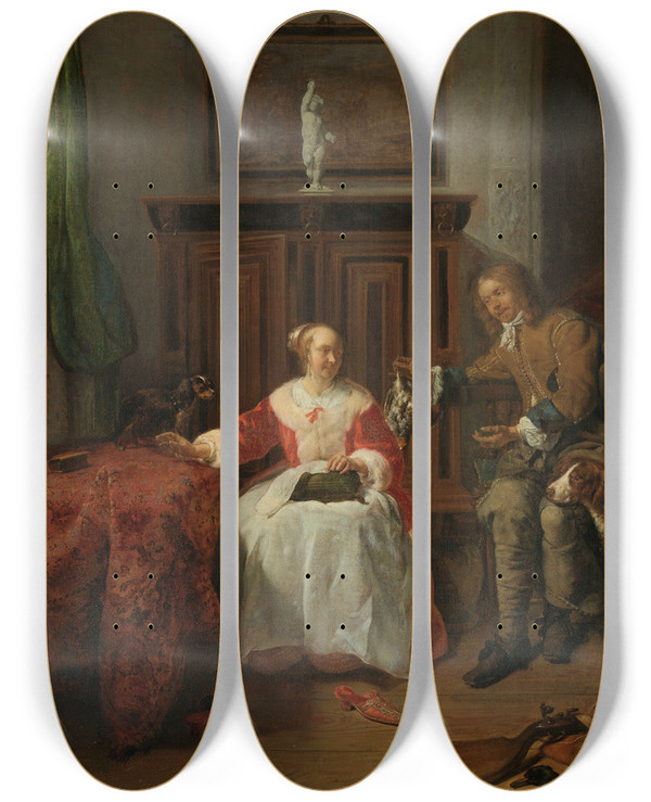 Triptych art skateboard deck of Gabriel Metsu The Hunters Present by Gabriel Metsu (1629-1667)