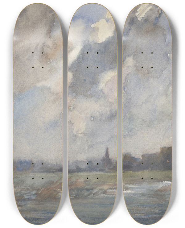 Triptych art skateboard deck of Frans Smissaert Rivierlandschap Met Kerktoren Bij Storm by Frans Smissaert (1862-1944)