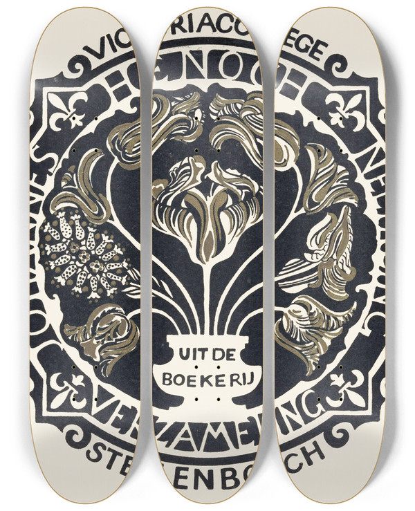 Triptych art skateboard deck of Carel Adolph Lion Cachet Ex Libris Van De Johannes Henoch Neethling Verzameling Ondergebracht Bij Victoria College In Stellenbosch by Carel Adolph Lion Cachet (1864-1945)