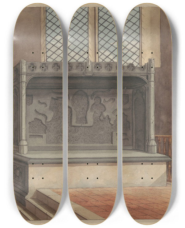 Triptych art skateboard deck of Daniel Lysons Tomb Of Thomas Windsor 1486 With Brass Plates Removed From Stanwell Church by Daniel Lysons (1762-1834)