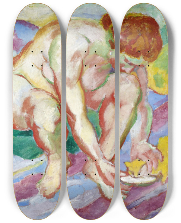 Triptych art skateboard deck of Franz Marc Nude With A Cat by Franz Marc (1880-1916)
