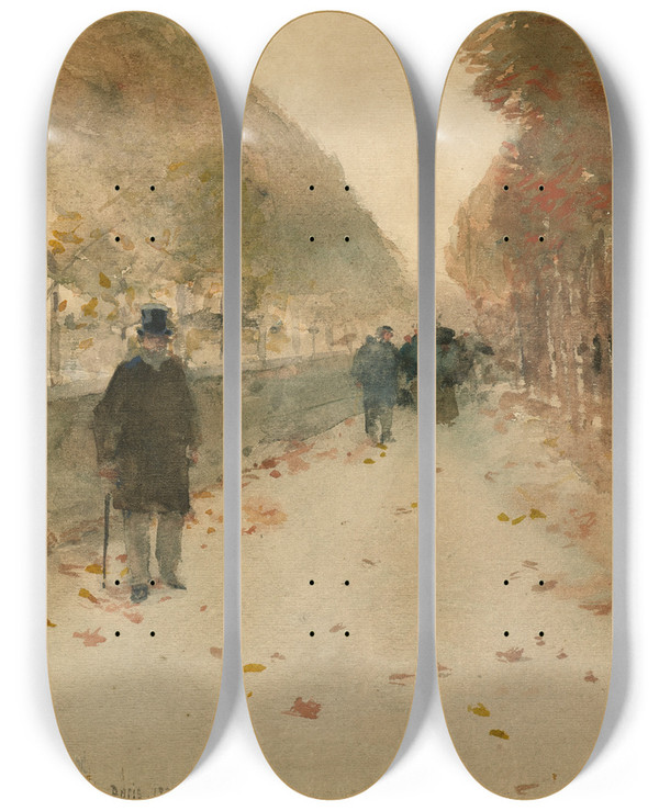 Triptych art skateboard deck of Childe Hassam Quai Du Louvre by Childe Hassam (1859-1935)