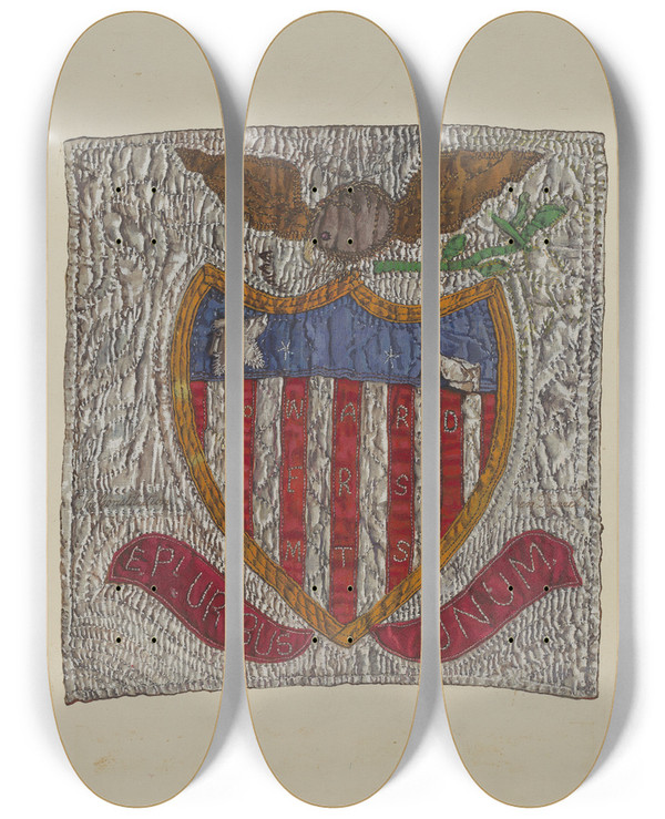 Triptych art skateboard deck of Florence Truelson Block From Friendship Quilt_1 by Florence Truelson
