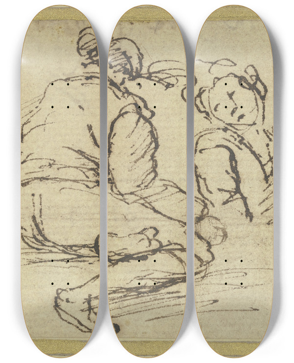 Triptych art skateboard deck of Salvator Rosa Two Figures On The Left A Seated Man Seen From The Rear On The Right A Halflength Figure by Salvator Rosa (1615-1673)