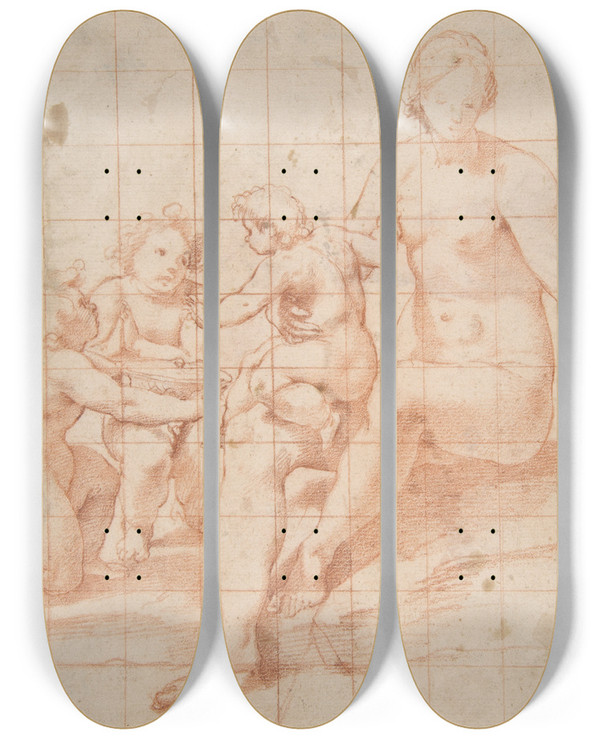 Triptych art skateboard deck of Poppi Francesco Morandini Study For A Virgin And Child With Two Angels by Poppi Francesco Morandini (1544-1597)