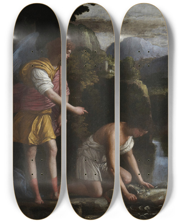 Triptych art skateboard deck of Carlo Saraceni Tobias And The Angel by Carlo Saraceni (1579-1620)