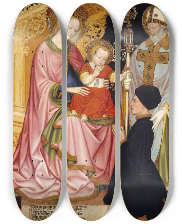 Triptych art skateboard deck of Master Gz Madonna And Child With The Donor Pietro De Lardi Presented By Saint Nicholas by Master G.Z. (1405-1441)