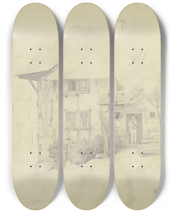 Triptych art skateboard deck of Jakob Frchtegott Dielmann Bauernhaus In Eppstein Unter Der Haustr Steht Ein Mann Mit Einem Kind Auf Dem Arm by Jakob Furchtegott Dielmann (1809-1885)