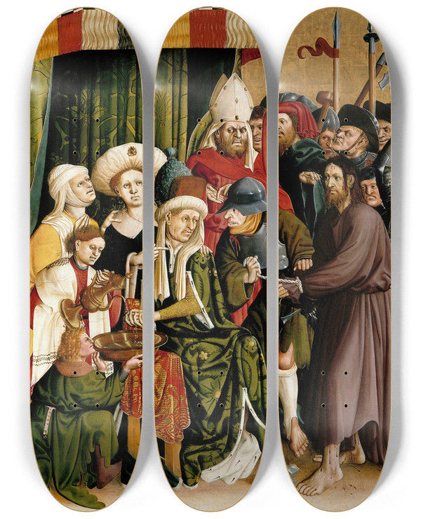 Triptych art skateboard deck of Hans Multscher Christ Before Pilate The Wings Of The Wurzach Altar Upper Right by Hans Multscher (1400-1467)