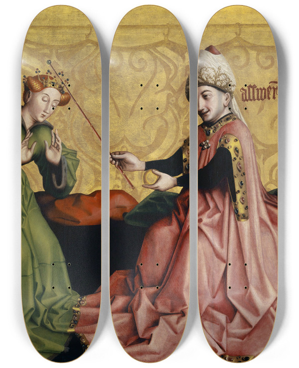 Triptych art skateboard deck of Konrad Witz Esther Before Ahasuerus by Konrad Witz (1410-1446)