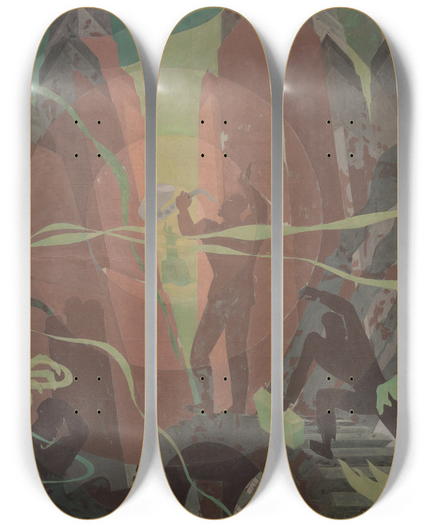 Triptych art skateboard deck of Aaron Douglas Aspects Of Negro Life Song Of The Towers by Aaron Douglas