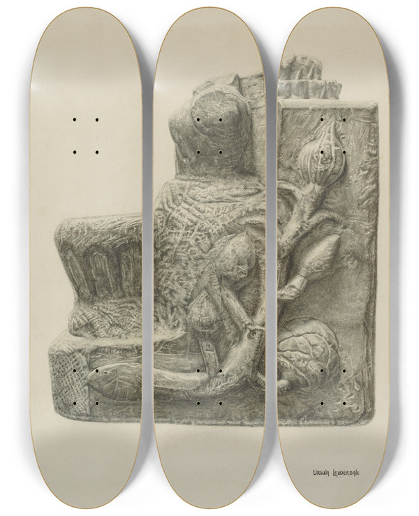 Triptych art skateboard deck of Ursula Lauderdale Small Stone Fountain by Ursula Lauderdale