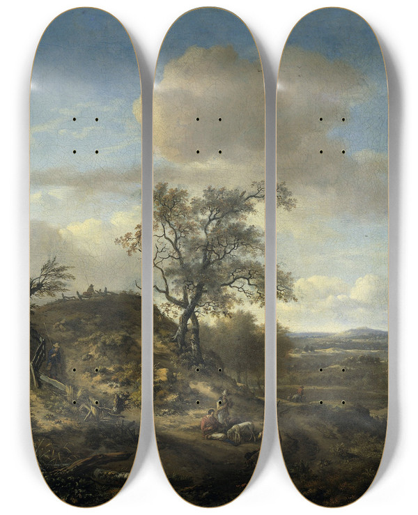 Triptych art skateboard deck of Jan Wijnants Landscape With A Hunter And Other Figures by Jan Wijnants (1632-1684)