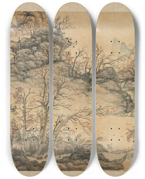 Triptych art skateboard deck of Chen Hongshou Autumn Landscape by Chen Hongshou (1598-1652)