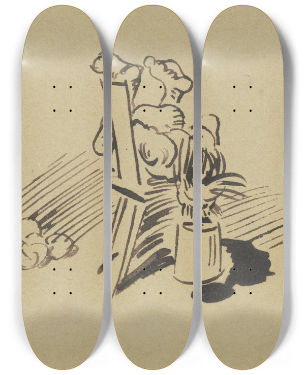 Triptych art skateboard deck of Wilhelm Busch Stramm Sei Der Nacken Da Man Trage Das Vollgewicht In Khner Waage by Wilhelm Busch (1832-1908)