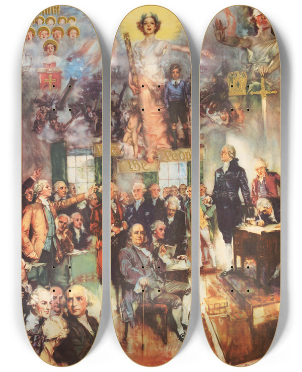 Triptych art skateboard deck of Howard Chandler Christy The Constitution Of The United States The Signing by Howard Chandler Christy (1873-1952)