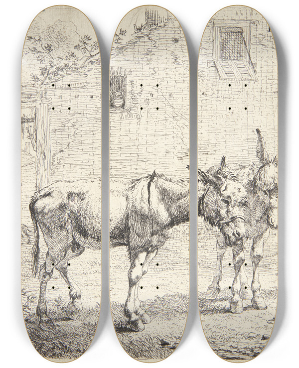 Triptych art skateboard deck of Karel Dujardin To Sler_2 by Karel Dujardin (1622-1678)