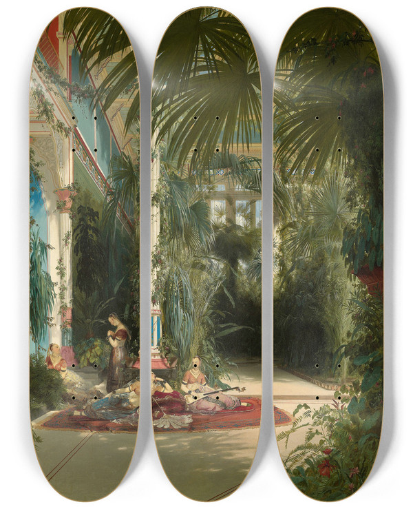 Triptych art skateboard deck of Carl Blechen The Interior Of The Palm House On The Pfaueninsel Near Potsdam by Carl Blechen (1798-1840)
