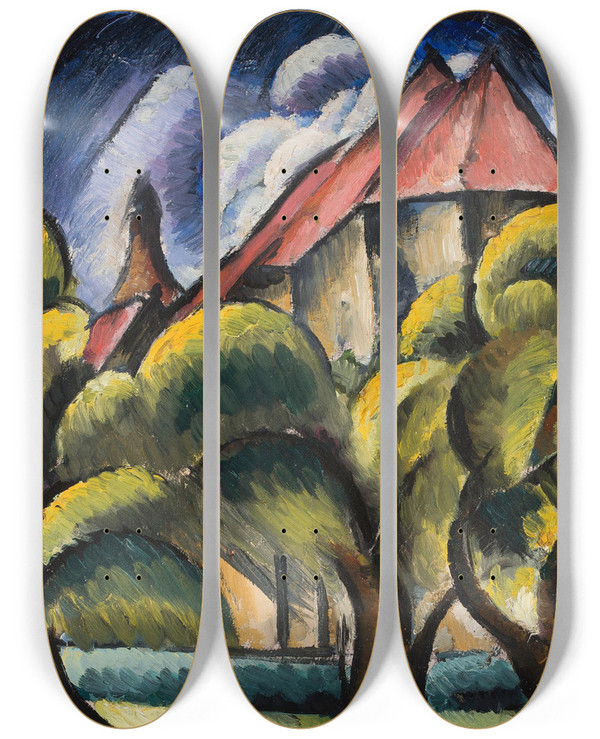 Triptych art skateboard deck of Wacaw Wsowicz Landscape With A Church_1 by Waclaw Wasowicz (1891-1942)