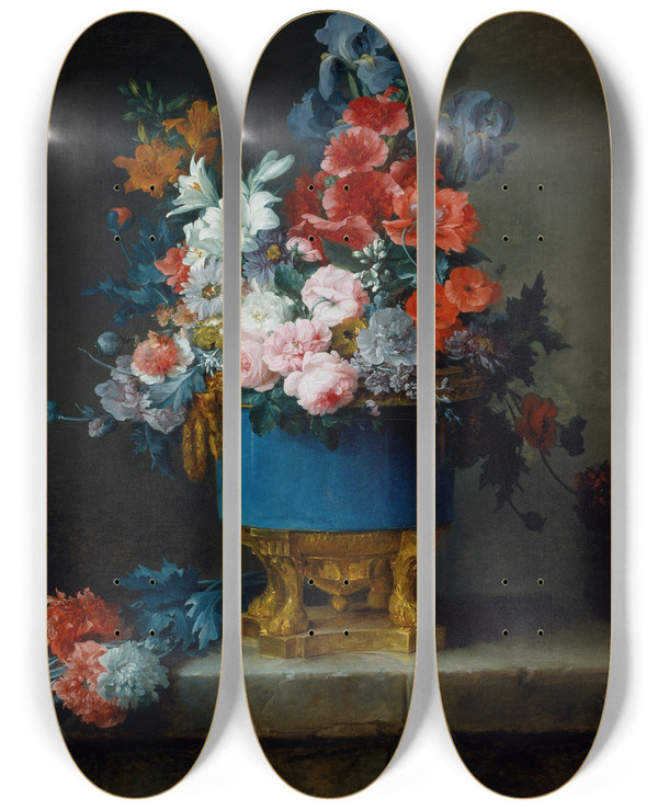 Triptych art skateboard deck of Anne Vallayercoster Bouquet Of Flowers In A Blue Porcelain Vase by Anne Vallayer-Coster (1744-1818)