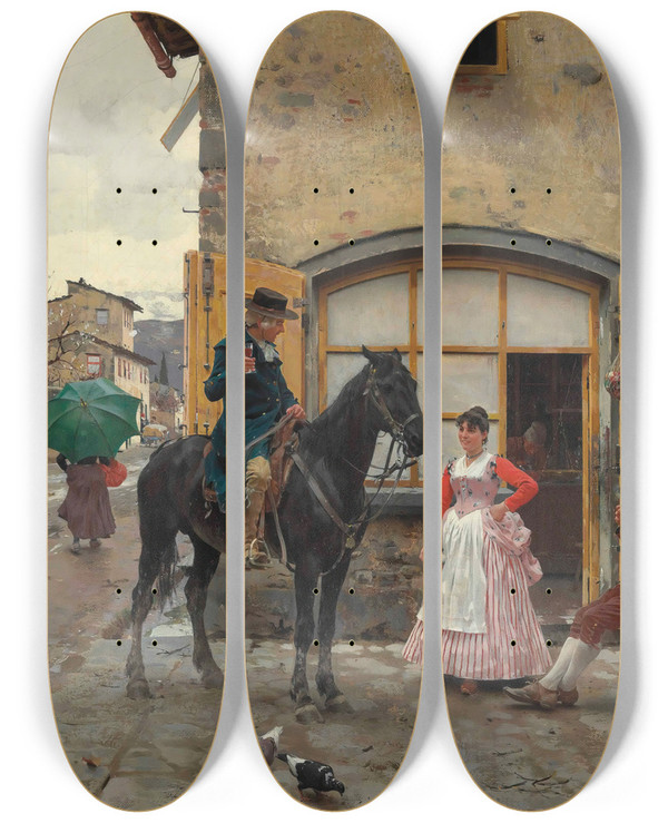Triptych art skateboard deck of Raffaello Sorbi Stopping For A Drink by Raffaello Sorbi (1844-1931)