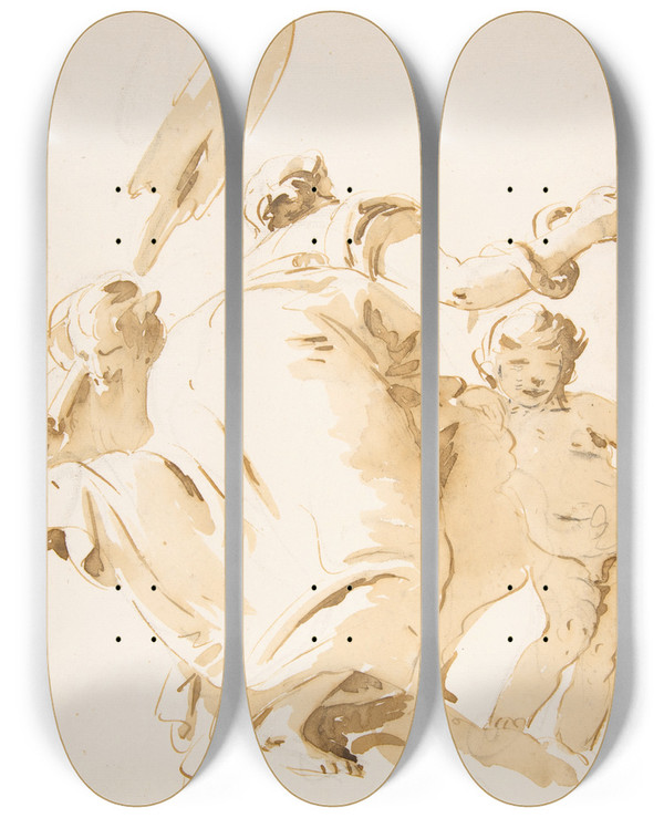 Triptych art skateboard deck of Giovanni Battista Tiepolo River God With An Oar Woman Holding A Serpent And A Standing Nude Boy by Giovanni Battista Tiepolo (1696-1770)