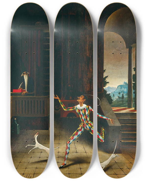 Triptych art skateboard deck of Franz Sedlacek Der Zauberer Und Der Harlekin by Franz Sedlacek (1891-1945)