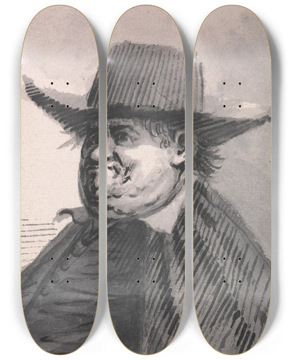 Triptych art skateboard deck of Francis Le Piper A Portly Man In A Widebrimmed Hat by Francis Le Piper