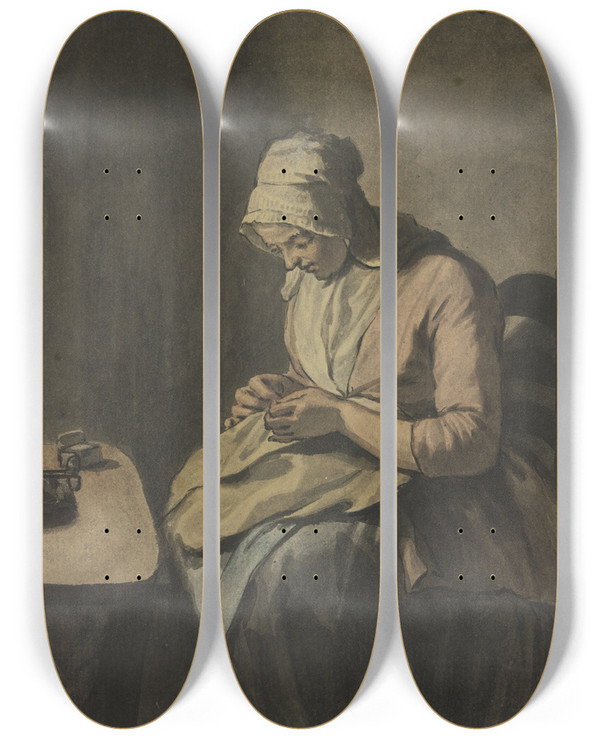 Triptych art skateboard deck of Wybrand Hendriks Frau Im Kerzenschein Bei Der Handarbeit by Wybrand Hendriks (1744-1831)