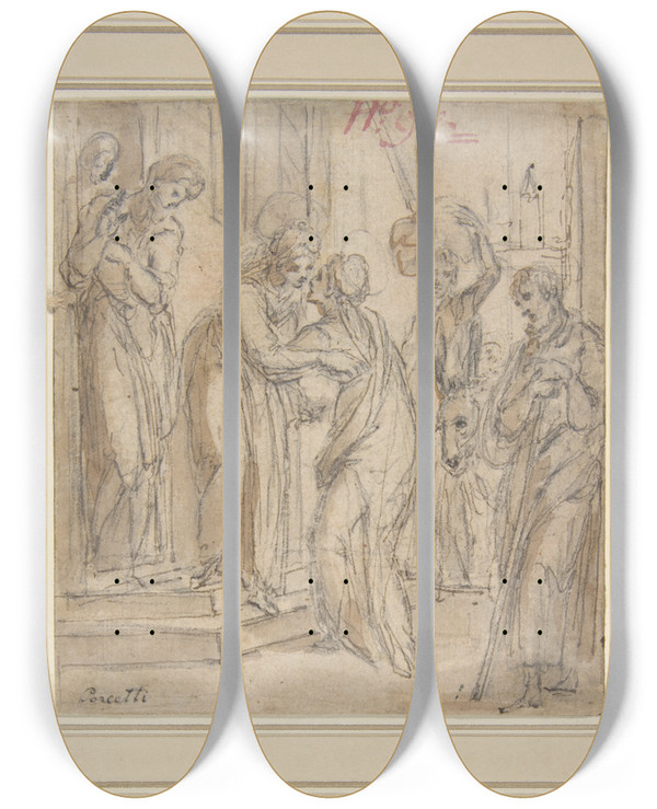 Triptych art skateboard deck of Bernardino Poccetti The Visitation by Bernardino Poccetti (1548-1612)