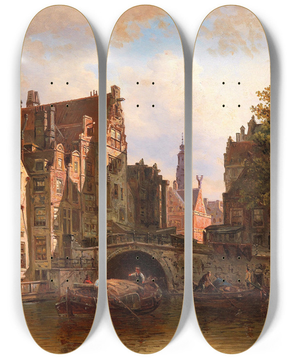 Triptych art skateboard deck of Elias Pieter Van Bommel Scene In Amsterdam by Elias Pieter Van Bommel (1819-1890)