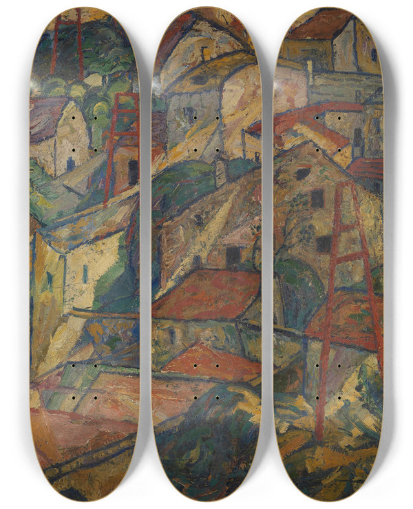 Triptych art skateboard deck of Anton Emanuel Peschka Krumauer Stadtlandschaft by Anton Emanuel Peschka (1885-1940)