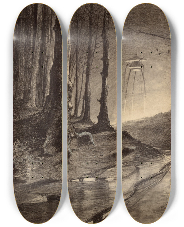 Triptych art skateboard deck of Henrique Alvim Corra Martian In The Forest by Henrique Alvim Correa (1876-1910)