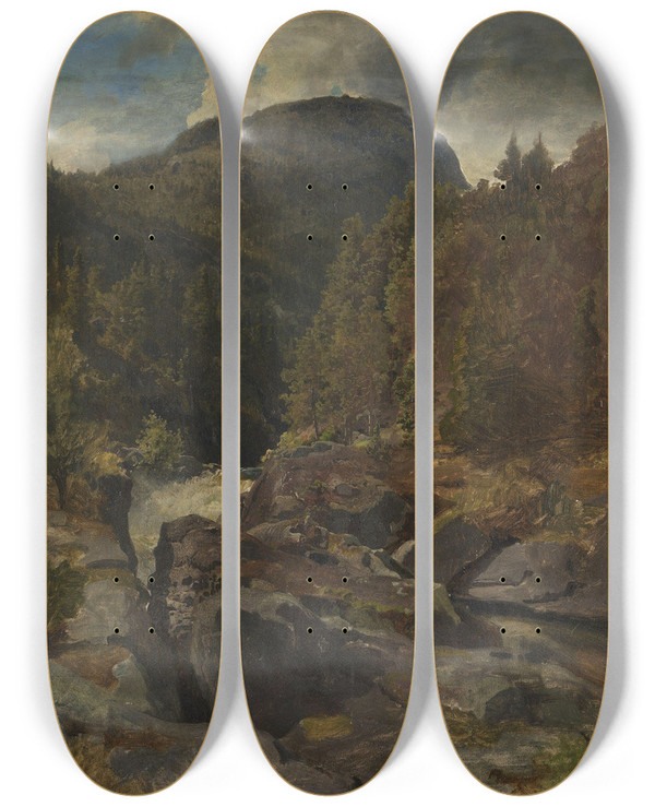 Triptych art skateboard deck of Hans Gude Landscape With Waterfall by Hans Gude (1825-1903)