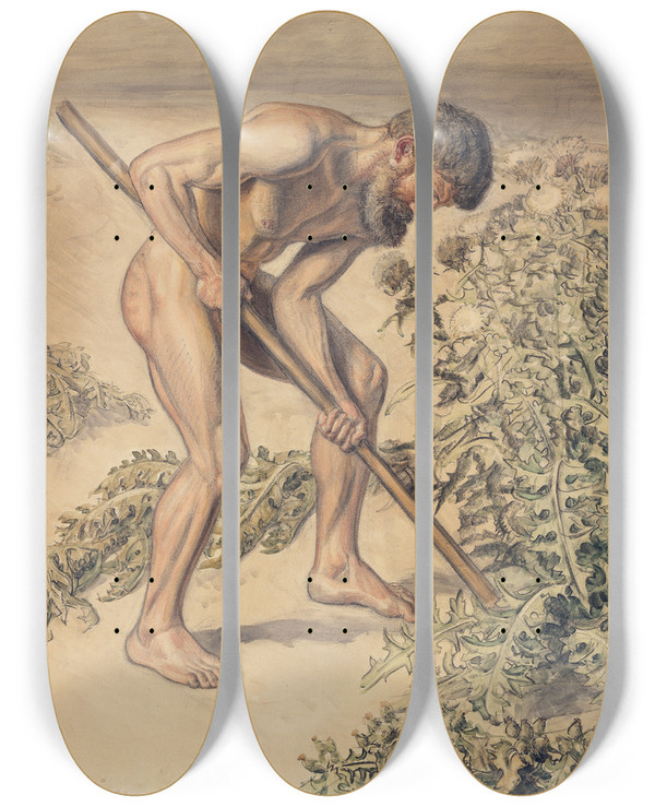 Triptych art skateboard deck of Joakim Skovgaard Adam Drawing Up Thistle by Joakim Skovgaard (1856-1933)