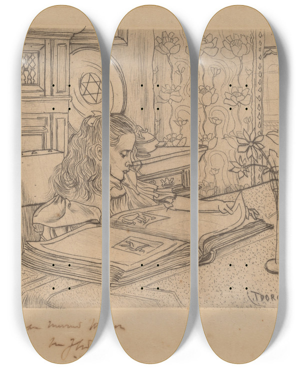 Triptych art skateboard deck of Jan Toorop Charley Looking At An Album Of Prints by Jan Toorop (1858-1928)