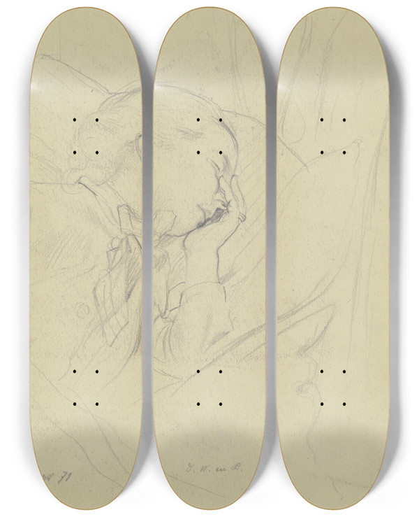 Triptych art skateboard deck of Otto Scholderer Luise Scholderer Schlafend_1 by Otto Scholderer (1834-1902)