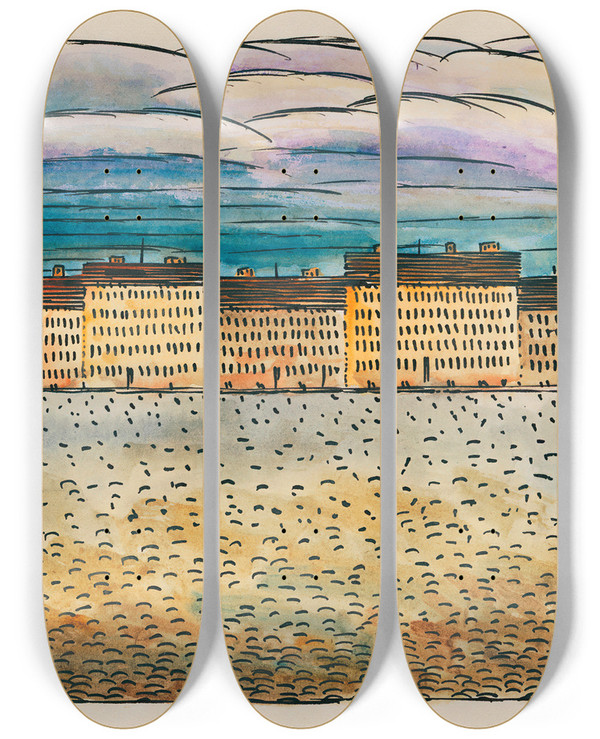 Triptych art skateboard deck of Karl Wiener Komposition Aus Pflaster Und Wiese Iii by Karl Wiener (1901-1949)