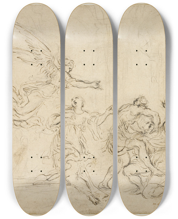 Triptych art skateboard deck of Alessandro Algardi The Miracle Of Saint Agnes by Alessandro Algardi (1598-1654)