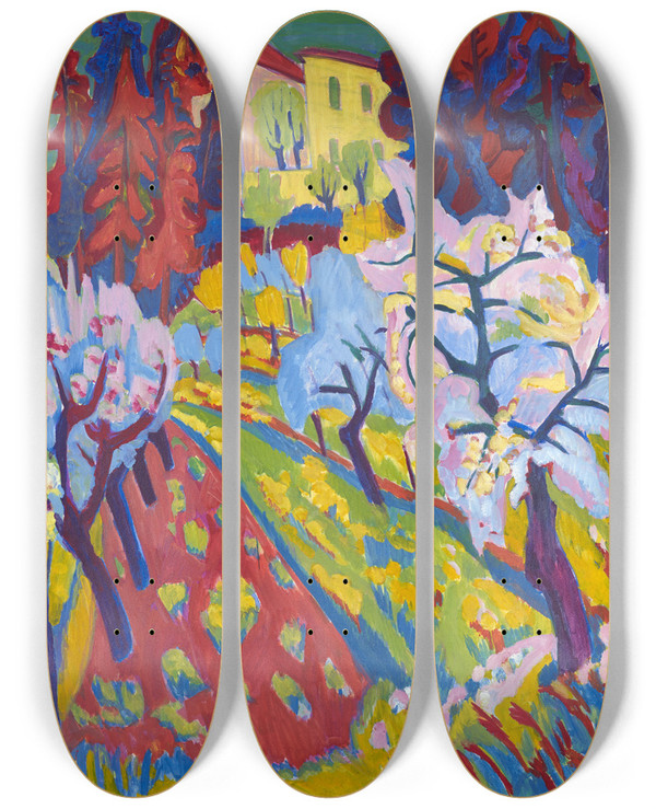 Triptych art skateboard deck of Hermann Scherer Villa Loverciana With Blossoming Trees by Hermann Scherer (1893-1927)