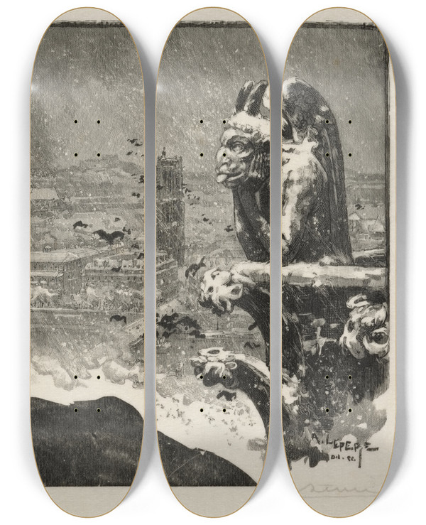 Triptych art skateboard deck of Auguste Louis Lepre Le Stryge De Notre Dame by Auguste Louis Lepere (1849-1918)